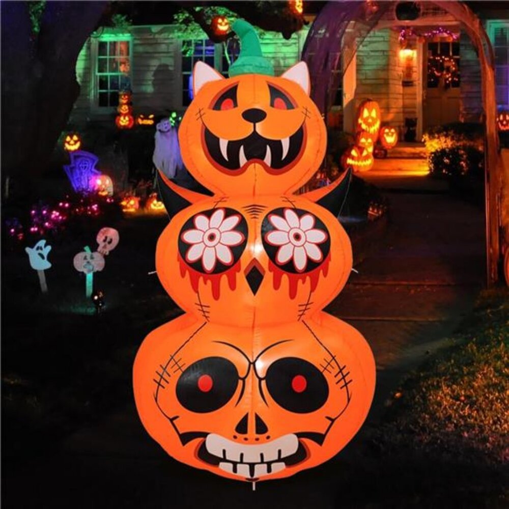 6FT Outdoor Inflatable Pumpkins with Witches Hat & Built-in LEDs